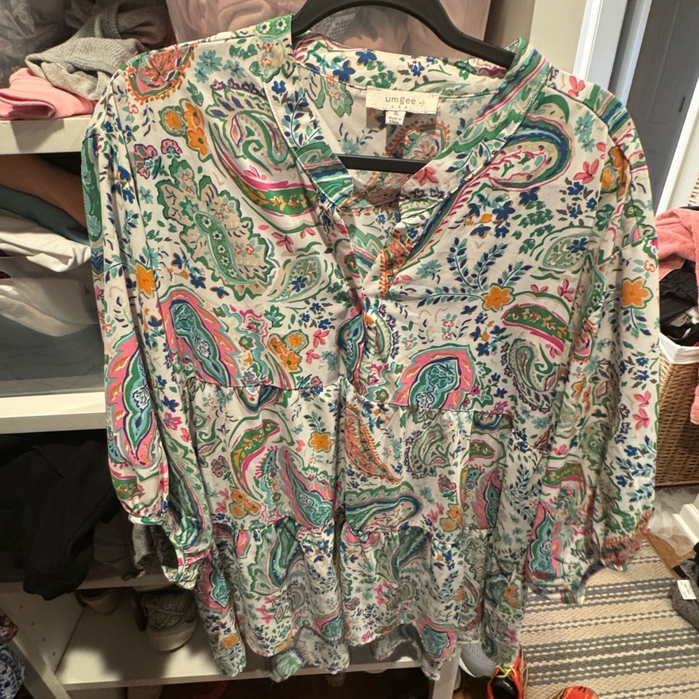 Umgee Green and Pink Relaxed 3/4 Sleeve Tunic
